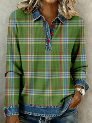 Women's Vintage Plaid Pattern Patchwork Art Waffle Top