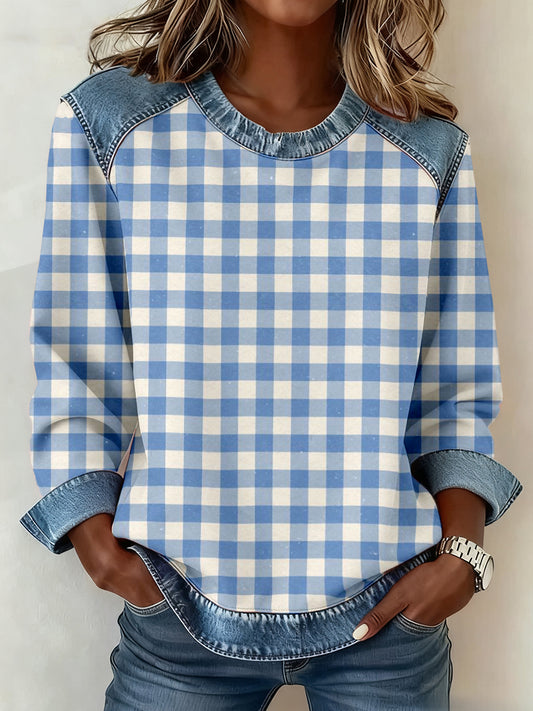 Women's Simple Plaid Pattern Denim Patchwork Sweatshirt
