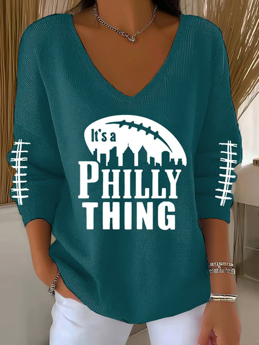 Women's Football Fans Lovers Gameday Casual V-Neck Ribbed Top