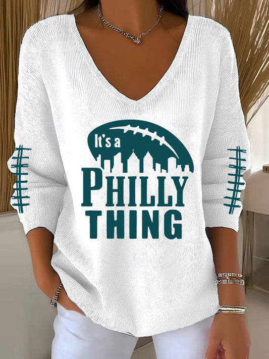 Women's Football Fans Lovers Gameday Casual V-Neck Ribbed Top