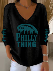 Women's Football Fans Lovers Gameday Casual V-Neck Ribbed Top