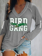 Women's Bird Gang Football Fans Lovers Gameday Casual V-Neck Long-Sleeve T-Shirt