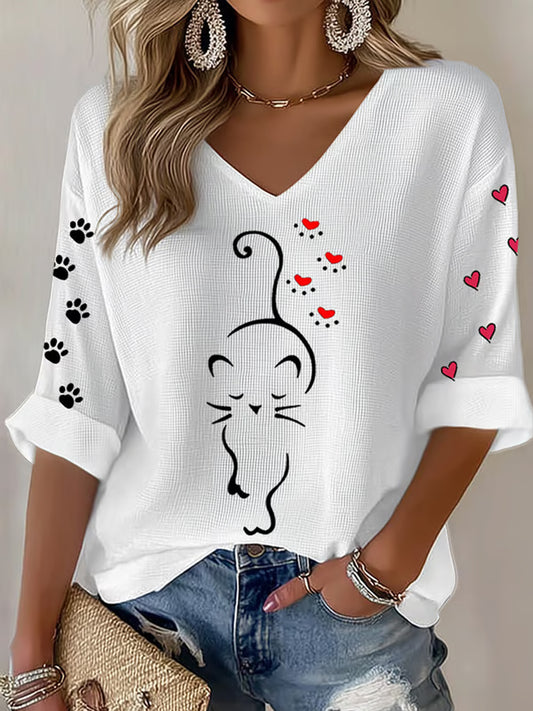 Women's Cute Cat Print Cat Mom Cat Lovers Casual Long-Sleeve T-shirt