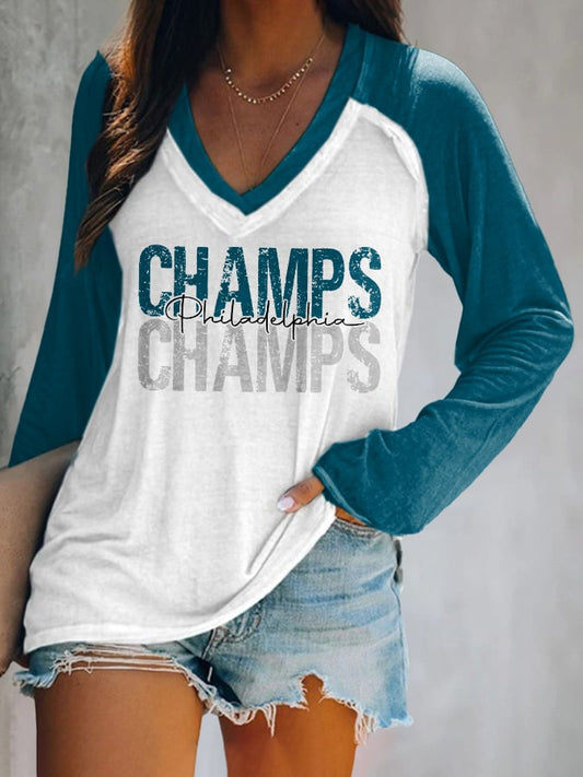 Women's Football Fans Lovers Gameday Casual Double Layer Neck Long Sleeve T-Shirt