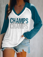 Women's Football Fans Lovers Gameday Casual Double Layer Neck Long Sleeve T-Shirt