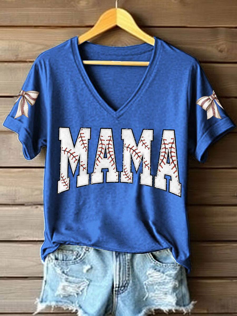 Women's Baseball MaMa Print V-Neck T-Shirt