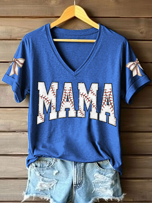 Women's Baseball MaMa Print V-Neck T-Shirt