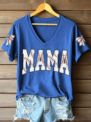 Women's Baseball MaMa Print V-Neck T-Shirt