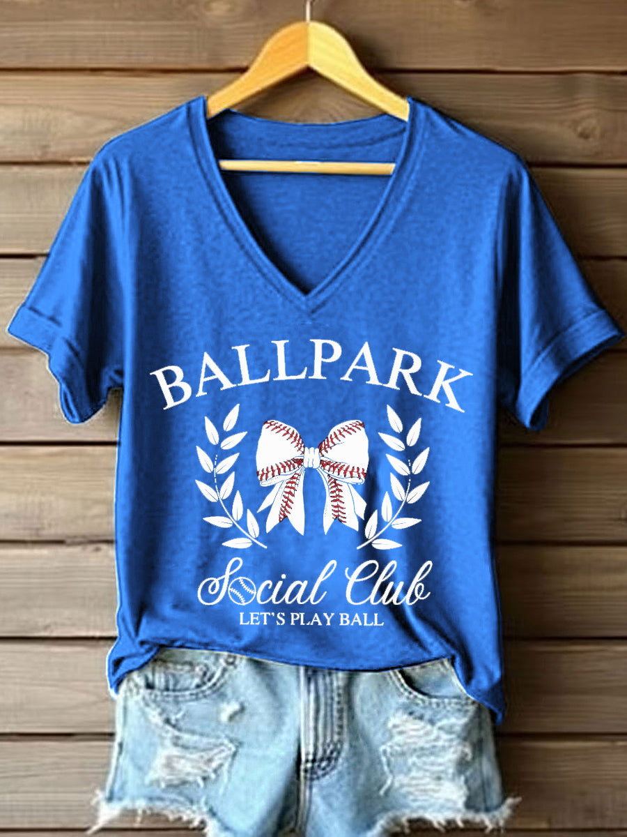 Women's Baseball Print V-Neck T-Shirt