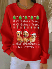 Women's Christmas Dachshund Christmas Tree Crew Neck Striped Sweatshirt