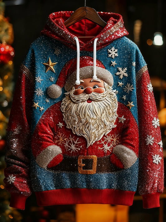 Men's Christmas Santa Claus Snowflakes Art Print Drop-Shoulder Hoodie (No Pockets)