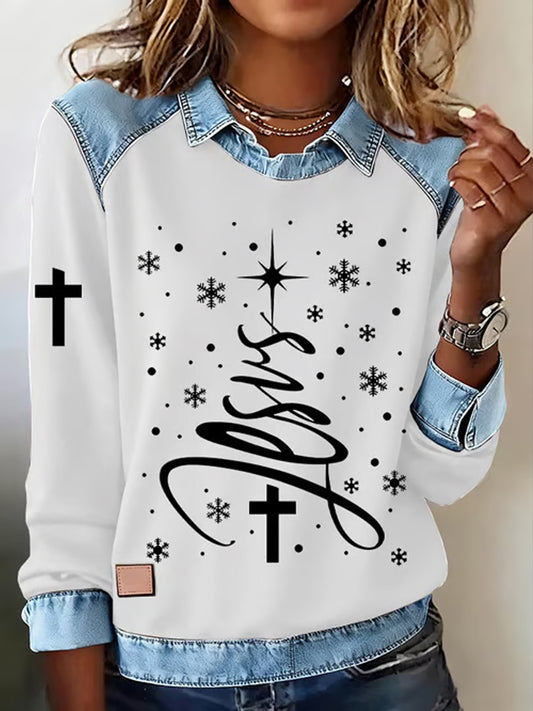Women's Christmas Faith Cross Print Casual Long Sleeve Sweatshirt