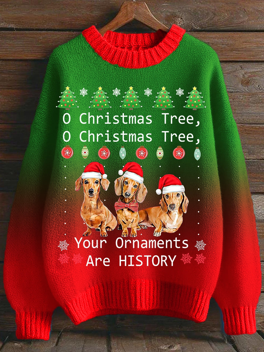 Women's Christmas Dachshund Christmas Tree Crew Neck Gradient Sweater
