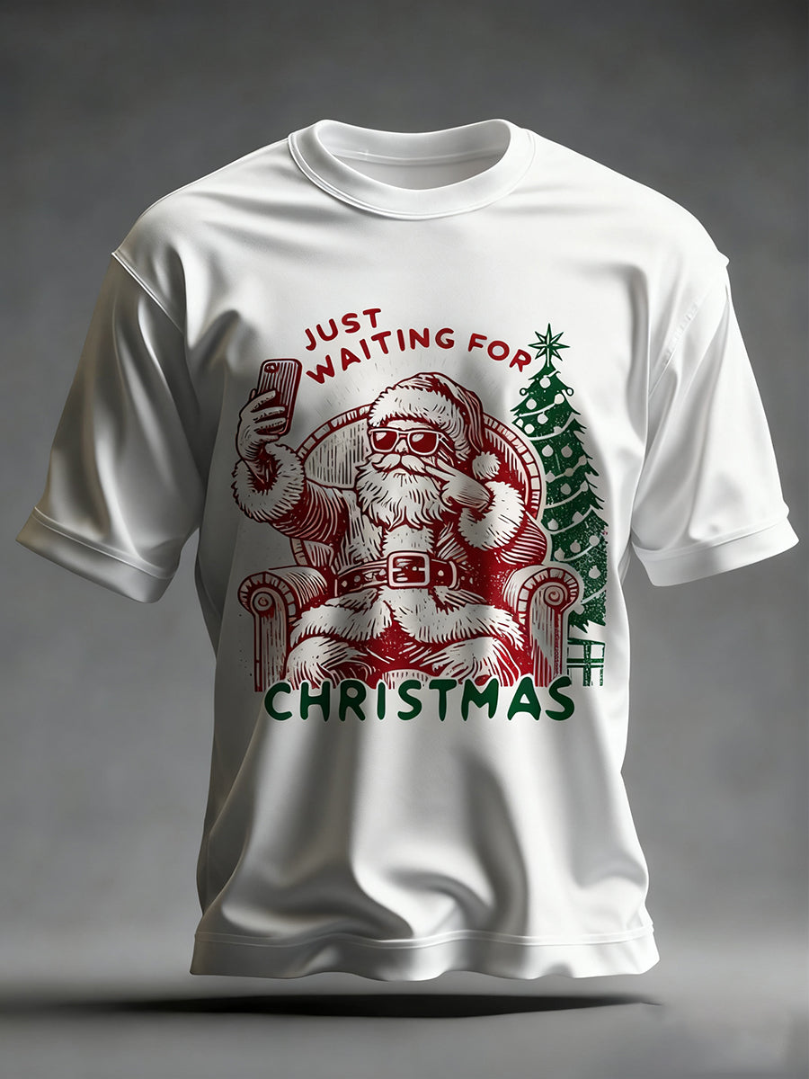 Men's Funny Christmas Santa Claus Just Waiting For Christmas Print Casual T-shirt