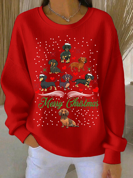 Women's Christmas Dachshund Christmas Tree Crew Neck Striped Sweatshirt