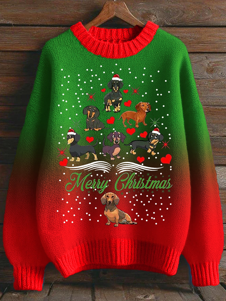 Women's Christmas Dachshund Christmas Tree Crew Neck Gradient Sweater
