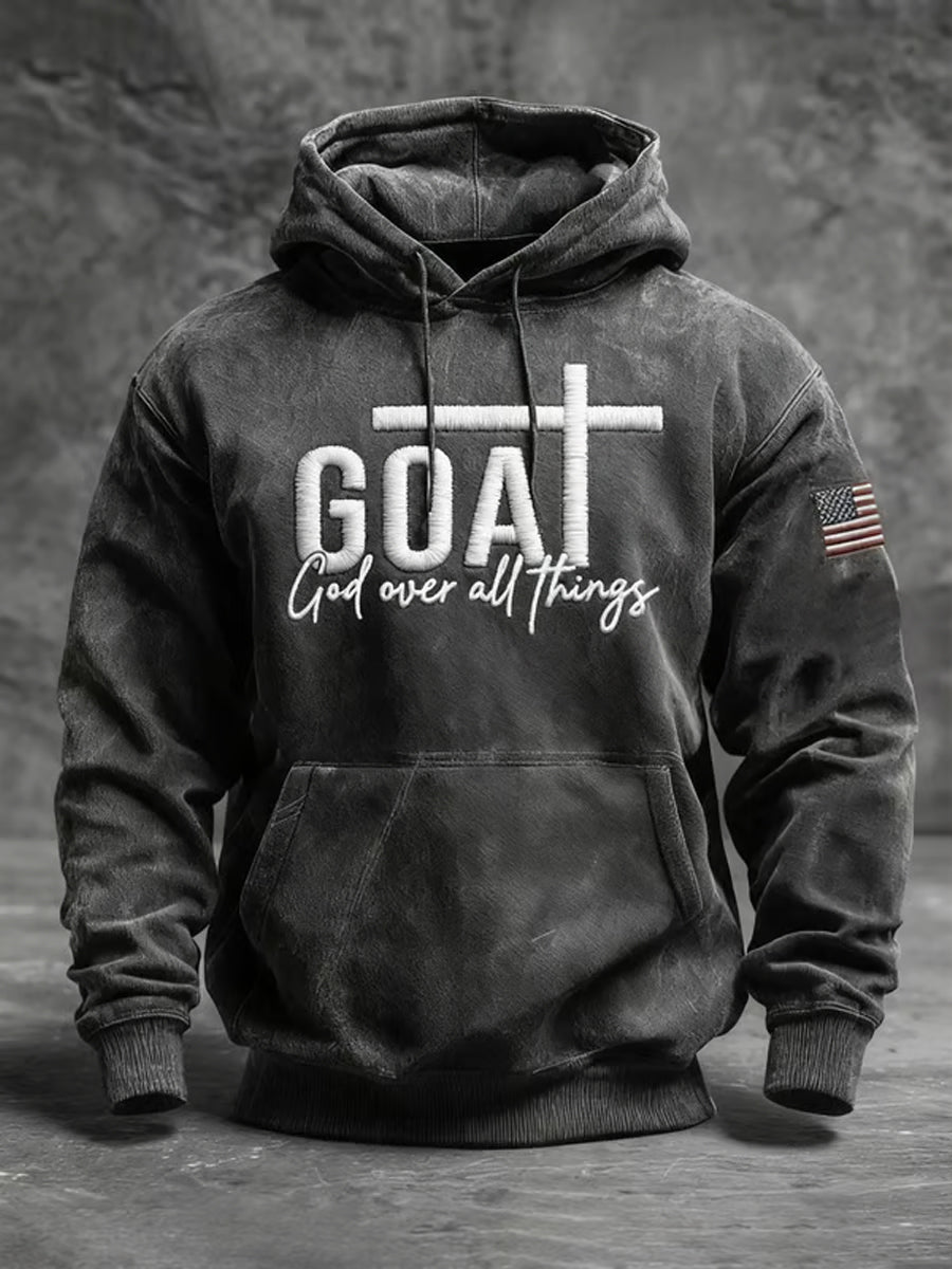 Men's Vintage God Over All Things Cross Oversized Drop-Shoulder Hoodie with Pockets