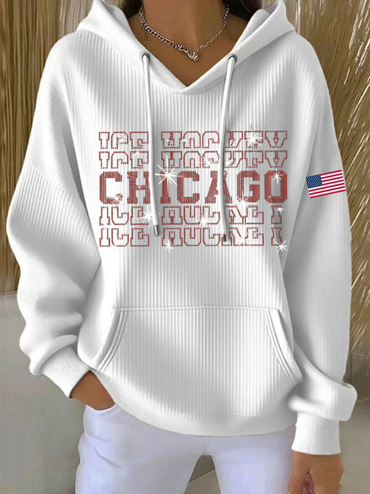 Women's Chicago Ice Hockey Rhinestone Printed Hoodie