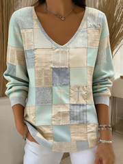 Women's  Faith Patchwork Print V-Neck Ribbed Top