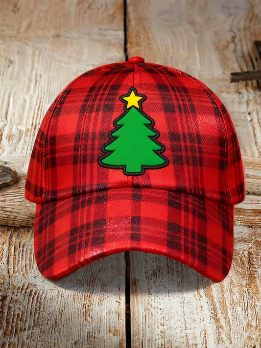 Unisex Christmas Red Plaid Christmas Tree Print Hat