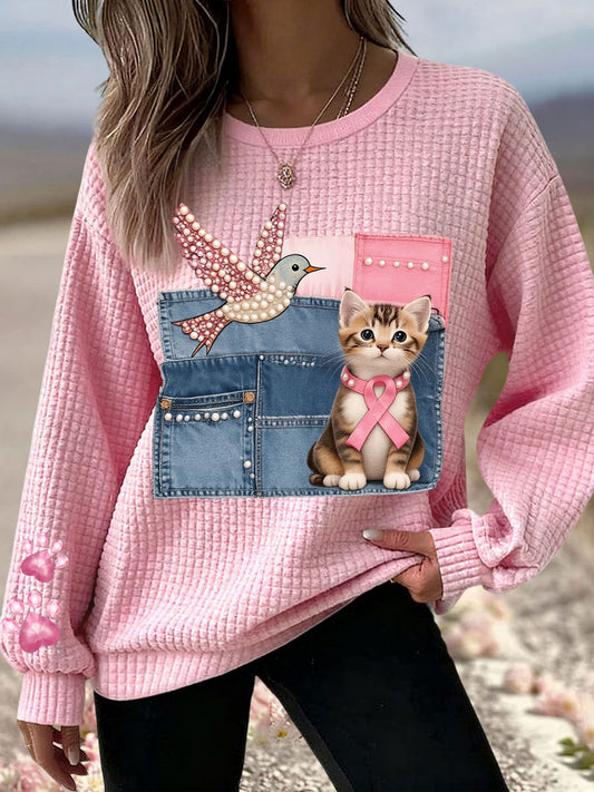 Women's Breast Cancer Awareness Cat Hummingbird Sweatshirts