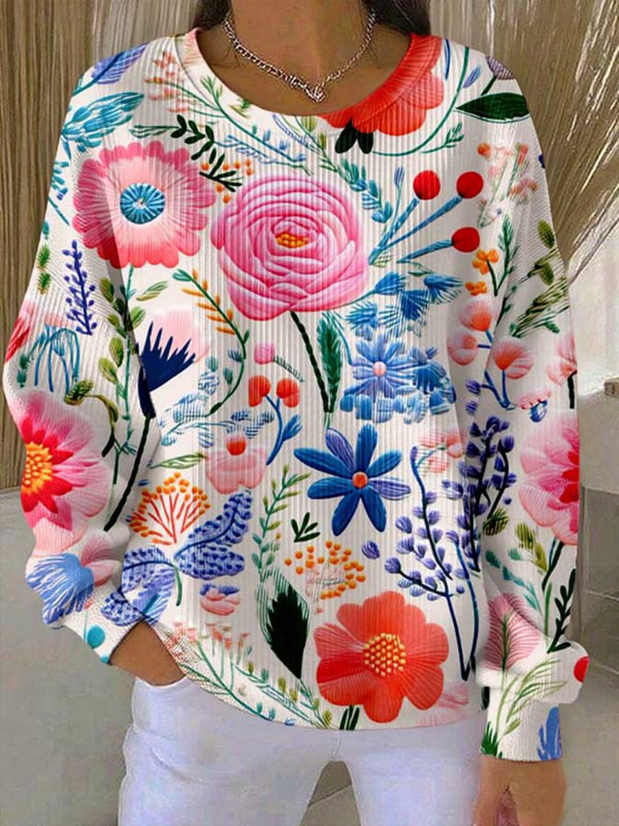Women's Breast Cancer Awareness Floral Print Knit Crew Neck Long Sleeve Top