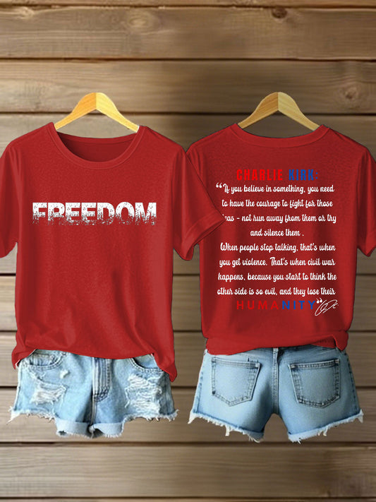 Women's Charlie Kirk Freedom Print Iron On Short Sleeve T-Shirt