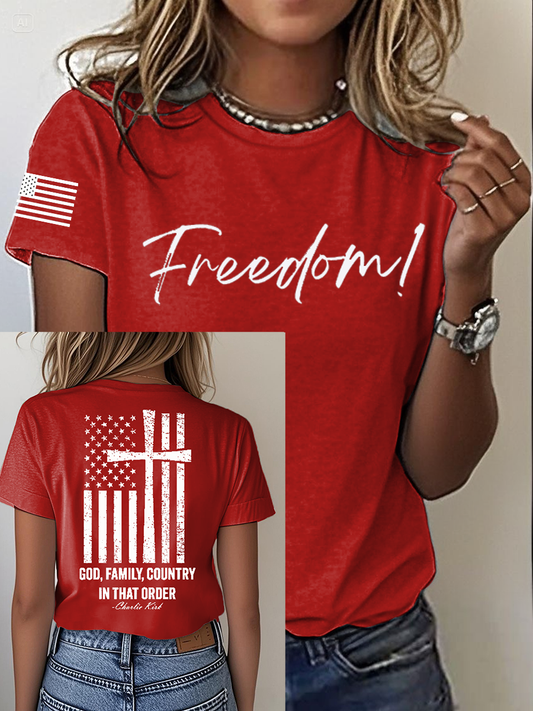 Women's Charlie Kirk Freedom Print Iron On Short Sleeve T-Shirt