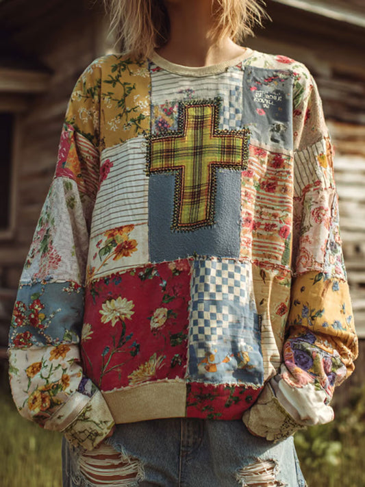 Women's Floral Cross Print Casual Hoodie