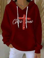 Women's Merry Christmas Cross Print Ribbed  Hoodie