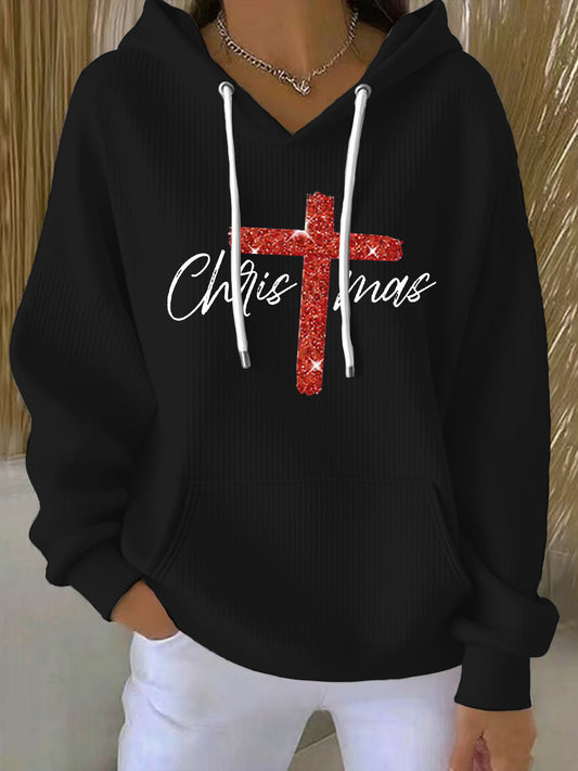 Women's Merry Christmas Cross Print Ribbed  Hoodie
