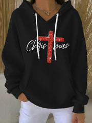Women's Merry Christmas Cross Print Ribbed  Hoodie