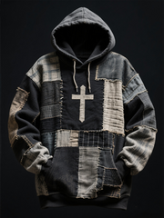 Men's Patchwork of Faith Printed Oversized Drop-Shoulder Hoodie with Pockets