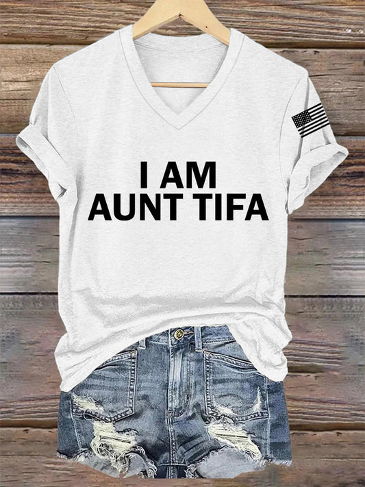Women's  I Am Aunt Tifa Aunties Against Fascists V-Neck Tee