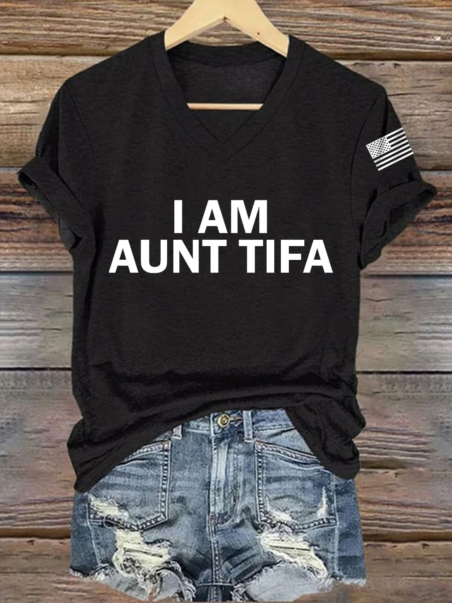 Women's  I Am Aunt Tifa Aunties Against Fascists V-Neck Tee