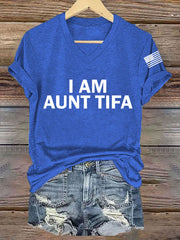 Women's  I Am Aunt Tifa Aunties Against Fascists V-Neck Tee