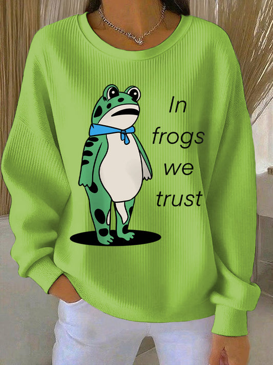 Women's In Frogs We Trust Polish Frog Print Ribbed Round-Neck Sweatshirt