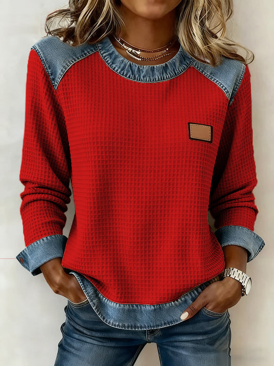 Women's Fashion Patchwork Design Waffle Sweatshirt