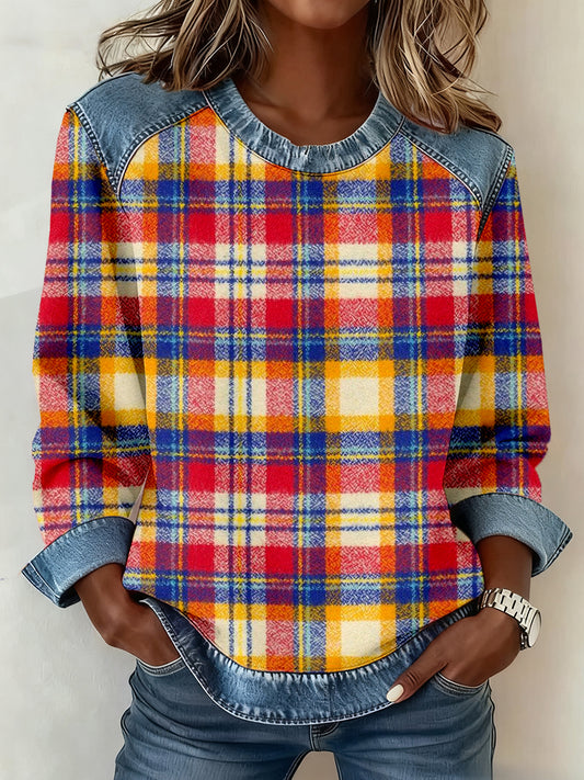 Women's Vintage Plaid Pattern Denim Patchwork Sweatshirt
