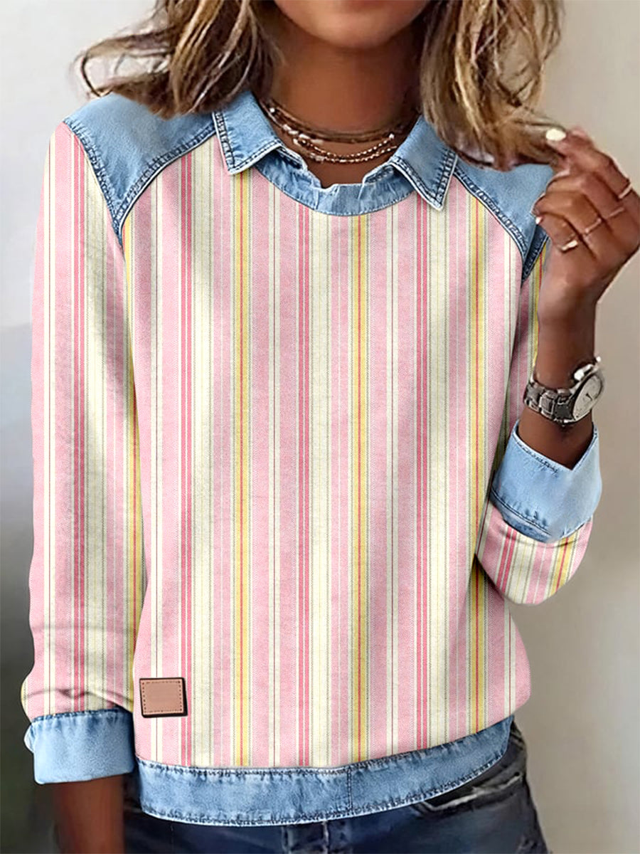 Women's Pink Striped Pattern Patchwork Art Sweatshirt