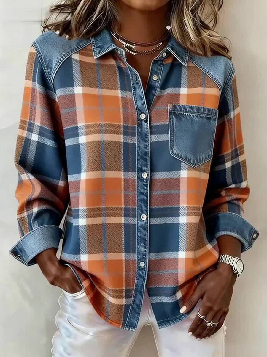Women's Vintage Plaid Pattern Patchwork Shirt