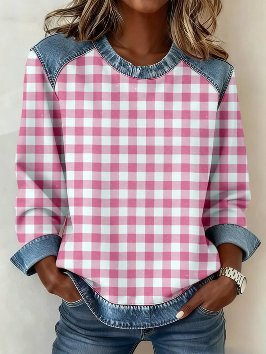 Women's Simple Plaid Pattern Denim Patchwork Sweatshirt