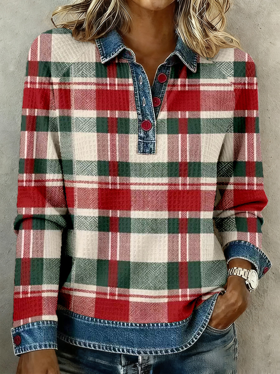 Women's Christmas Inspired Plaid Pattern Patchwork Art Waffle Top